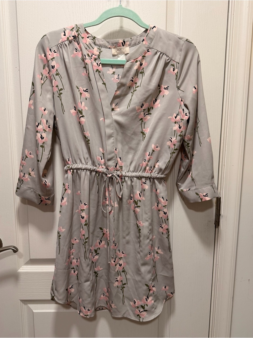 LOFT Petite cherry blossom dress 3/4 sleeve in Light Gray and Pink